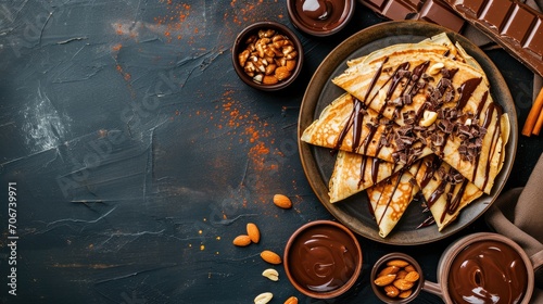 Banner of crepes, pancakes stacked, with chocolate topping generated with AI photo
