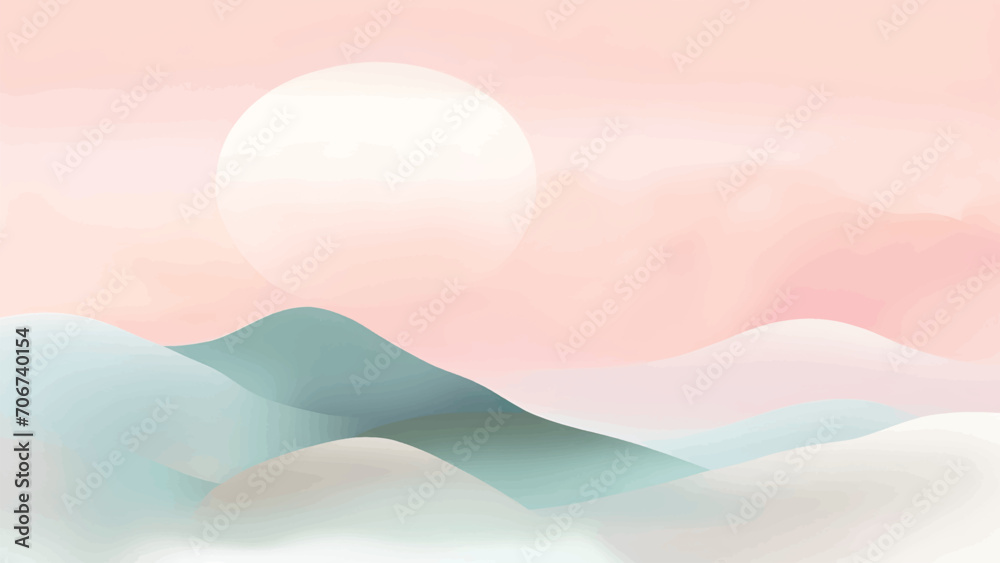 Tranquil landscape illustration in watercolor style pastel colors and gradations.