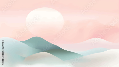 Tranquil landscape illustration in watercolor style pastel colors and gradations. © martyan