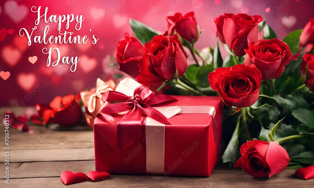 Valentine's day background with red roses and gift box.