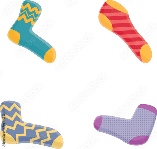Sock icons set cartoon vector. Sock of various color and pattern. Trendy clothing element