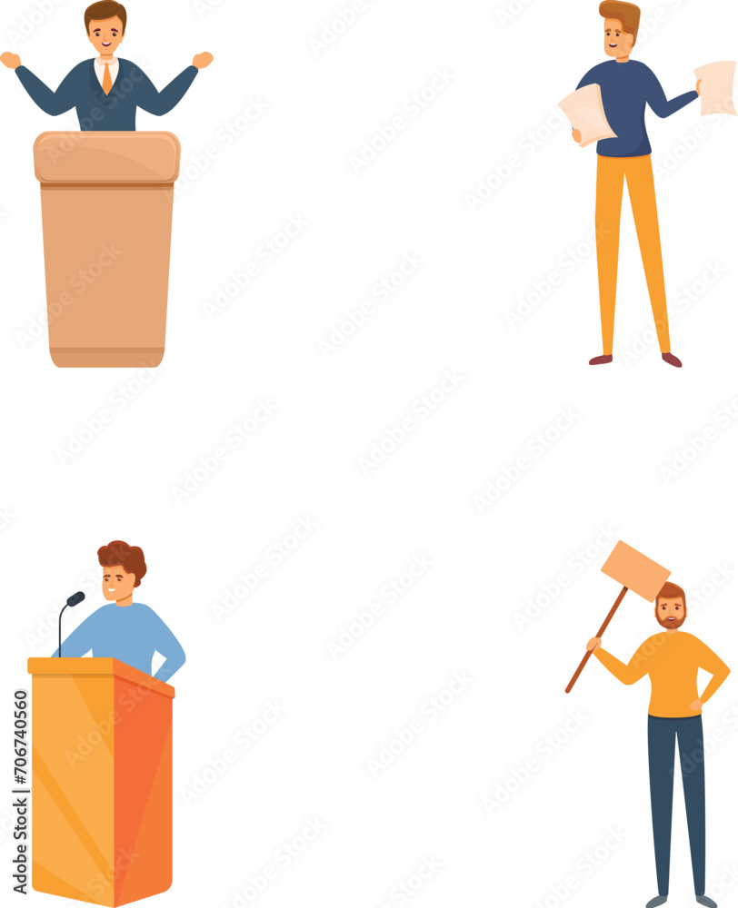 Election campaign icons set cartoon vector. Man during speech behind tribune. Political election, agitation Election campaign icons set cartoon vector. Man during speech behind tribune. Political election, agitation