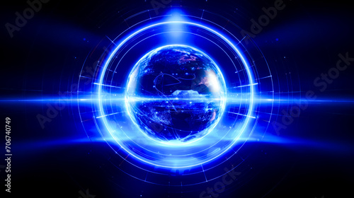 Picture of the earth in the center of circle of blue lights.