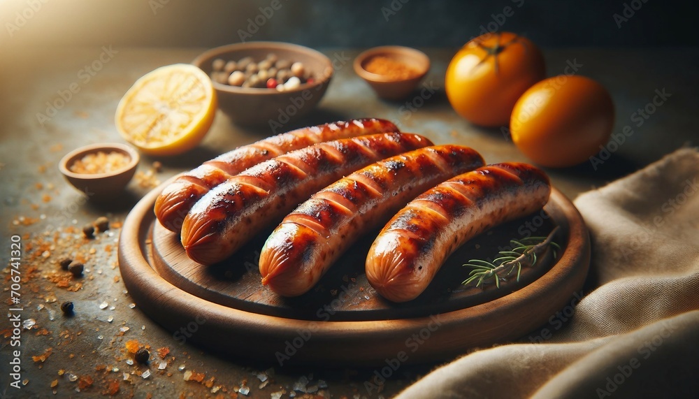 Grilled sausages with spices and vegetables on a dark background - obrazy, fototapety, plakaty 