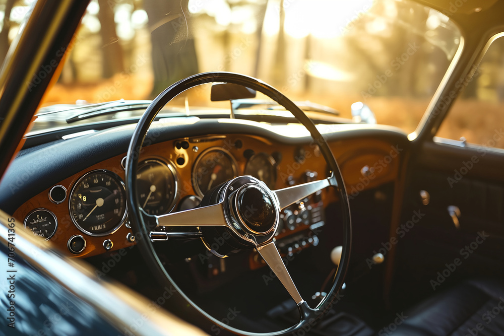 a car dashboard with a steering wheel