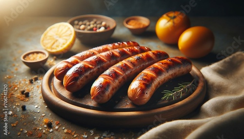 Grilled sausages with spices and vegetables on a dark background photo