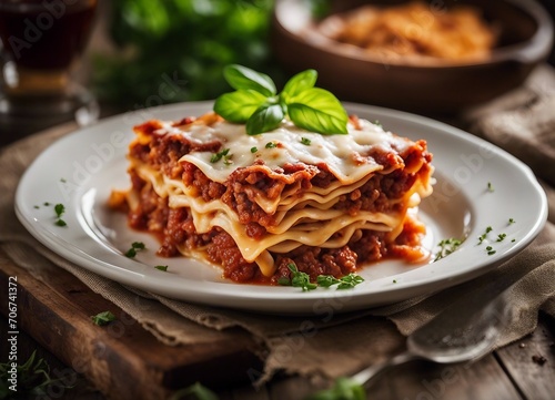 Traditional Italian lasagna with bolognese sauce on wooden background