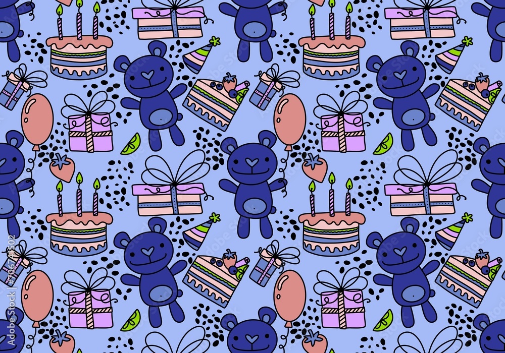 Fototapeta premium Cartoon animals seamless birthday party with bears and balloons and cake and gift box pattern for wrapping