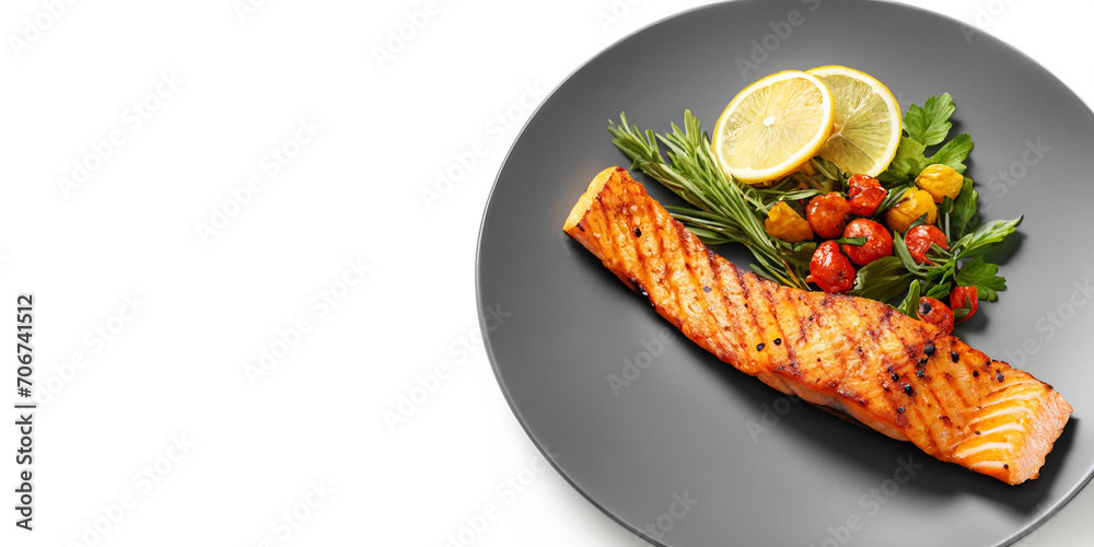 Grilled Salmon and Vegetables on Plate Isolated Grilled Salmon and Vegetables on Plate Isolated