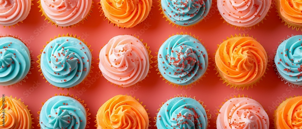 A pattern of colorful Cupcake laid out in an orderly grid on a peach background. a top-down view of multi-colored Cupcake in symmetrical pattern. A pattern of colorful Cupcake laid out in an orderly grid on a peach background. a top-down view of multi-colored Cupcake in symmetrical pattern.