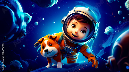 Boy in space suit with dog in front of blue background.