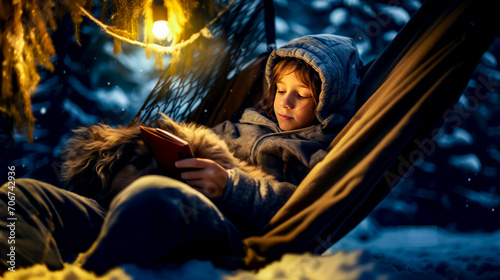 Little girl reading book in hammock in the snow.