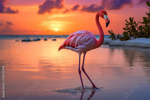 A beautiful pink flamingo stands alone in the water against the background of sunset  dawn. Wild nature. Generated by artificial intelligence