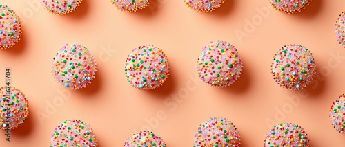 A pattern of sprinkles cupcake laid out in an orderly grid on a peach background. a top-down view of sprinkles cup cake in symmetrical pattern. 