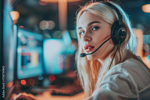 portrait of a young woman with blonde hair working in a call center, professionally receiving a call, she has a headset with a microphone, marketing and design concept photo
