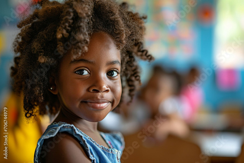 portrait of charming black girl with curly hair,,against a background with classmates,a junior high school student,concept of school life,lesson preparation,educational projects and research