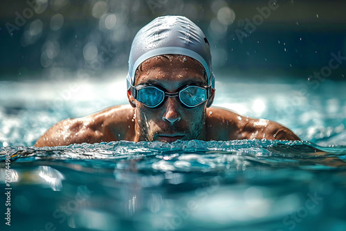 swimmer,white man wearing glasses and a swimming cap,training in the pool,preparing for the Summer Olympic Games,close-up,dynamic photography,sports news concept