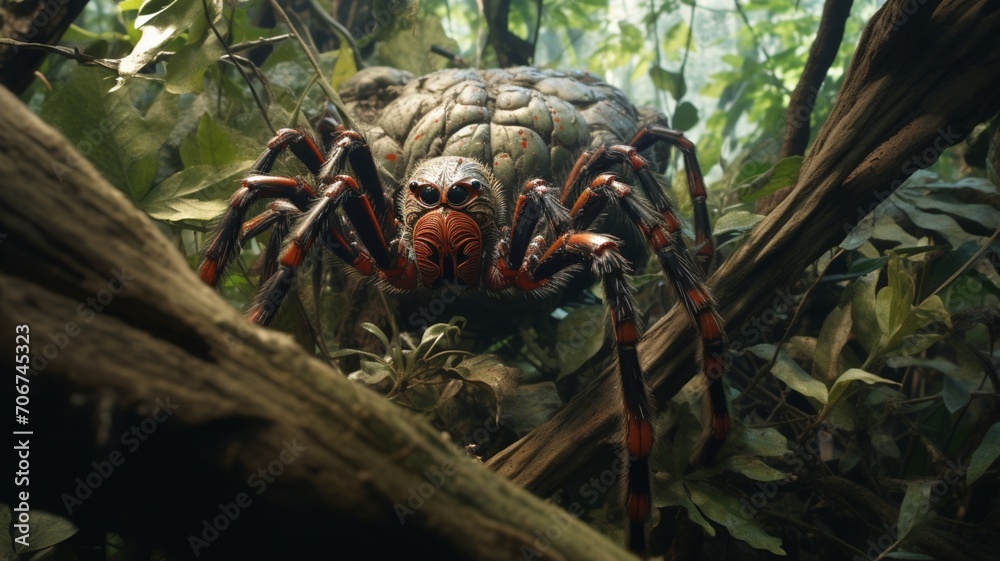 A tarantula navigating through a complex network of branches, displaying its adaptability in different environments -Generative Ai A tarantula navigating through a complex network of branches, displaying its adaptability in different environments -Generative Ai
