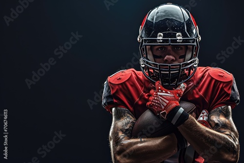 American football player exuding an aura of resilience and power, isolated against a black background, symbolizing the enduring spirit and strength of the athletes. © Lucija