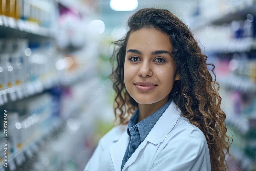 Compassionate female pharmacist offering a smile of understanding and confidence, her presence in the drugstore a source of comfort and trust as she looks at the camera, ready to help.