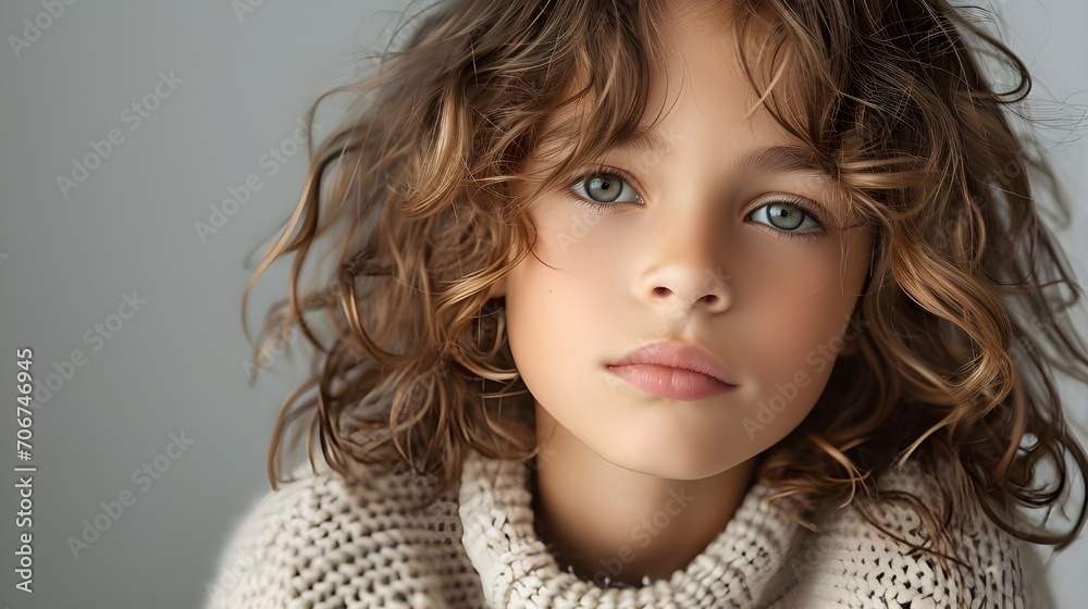 Portrait of a cute little fashion model boy with curly hair on gray background, attractive young beautiful hipster with perfect smooth skin. Natural beauty, cosmetology, cosmetics, skin care concept. Portrait of a cute little fashion model boy with curly hair on gray background, attractive young beautiful hipster with perfect smooth skin. Natural beauty, cosmetology, cosmetics, skin care concept.
