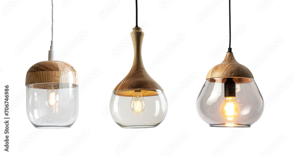 Nordic style wood and glass ceiling lamps over isolated transparent background - obrazy, fototapety, plakaty 
