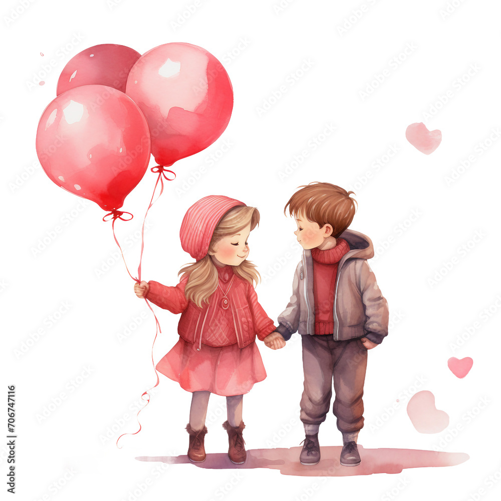 child with balloons, watercolor png print, Valentine's day child with balloons, watercolor png print, Valentine's day