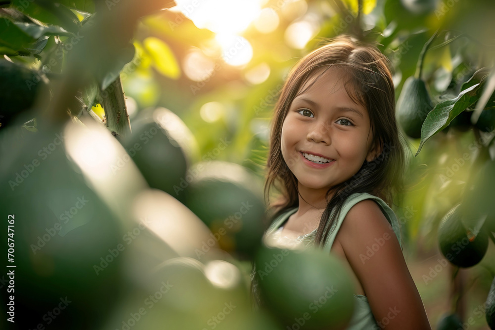 Cheerful Latin American little girl posing and smiling in avocado orchard
