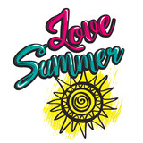 Handwritten Brush lettering composition of Love Summer. Lettering and calligraphy for poster, background, postcard, banner, window. Print on cup, bag, shirt, package, balloon