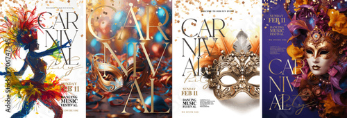 Carnival, mask and masquerade. Illustrations of a Venetian mask, a Brazilian samba dancer, a festive background with confetti and sparkles, and a logo with layout for a poster, flyer or invitation.