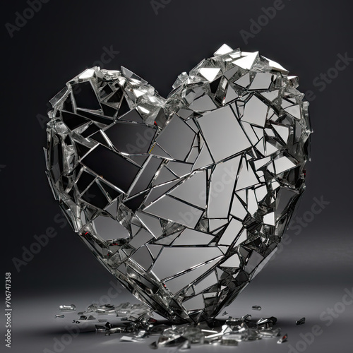 Heart made of broken mirror pieces on dark background. Valentine Day, love, romance concept