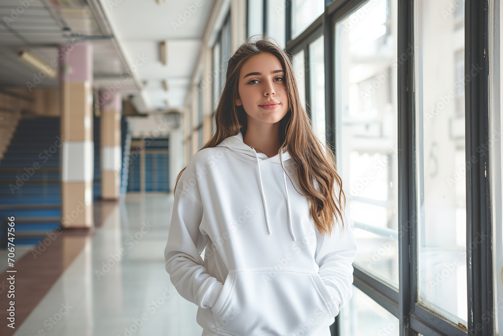 Young Woman in White Hoodie Leaning Against School Windows Young Woman in White Hoodie Leaning Against School Windows