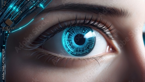 Neon Nexus: Intriguing 3D Illustration of Tech Eye. AI generated