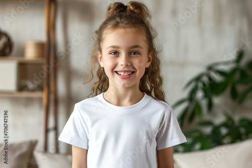 Joyful Child Posing for a White T-Shirt Mockup in a Homely Environment