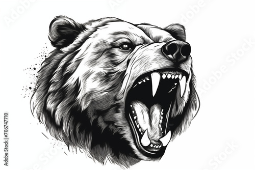 close up head of a bear ready to attack roar. roaring wild animal in monochrome style Illustration black and white no background generative ai