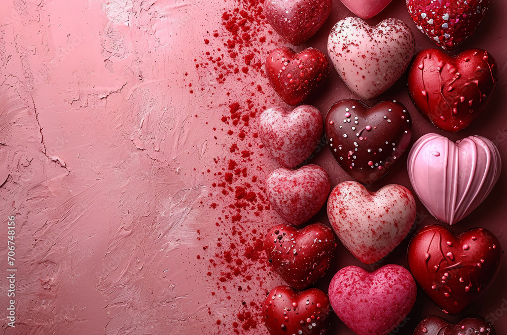 Assortment of Heart-Shaped Chocolates on a Textured Pink Surface, Background, Valentine's Day concept, Generative AI
