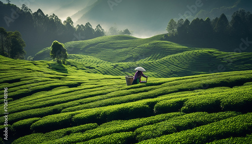 Women in asia peak tea on green plantation terrace