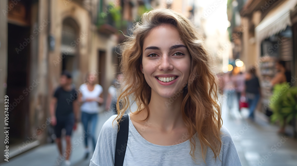 A young woman with a carefree smile walks through a crowded marketplace, enjoying the lively atmosphere and sunny weather A young woman with a carefree smile walks through a crowded marketplace, enjoying the lively atmosphere and sunny weather
