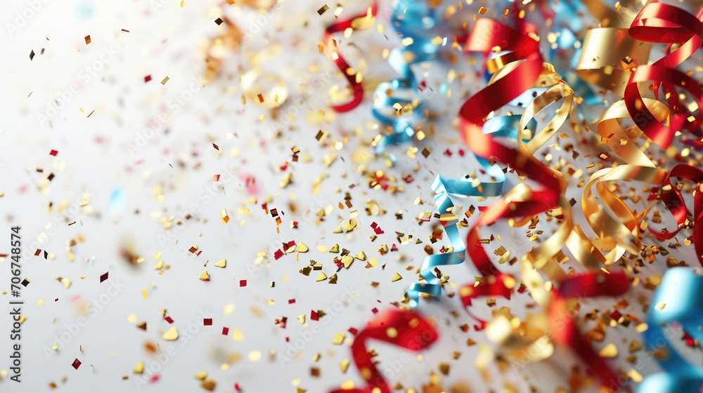 Obraz premium Abstract festive background with glitter, confetti, ribbons and free place for text. New Year, Christmas, birthday, holiday celebration banner