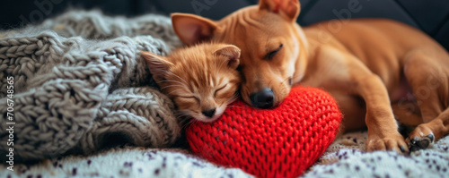 A kitten and a puppy sleep together under a knitted blanket, with a red woolen heart. Valentine's Day