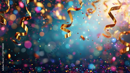 Abstract festive background with glitter, confetti, ribbons and free place for text. New Year, Christmas, birthday, holiday celebration banner photo