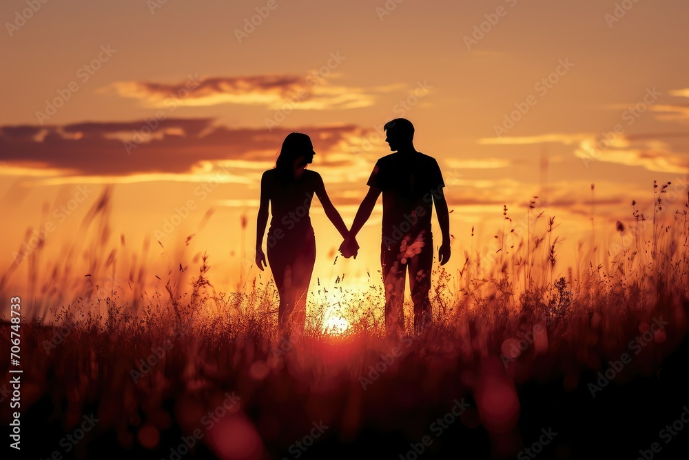 Valentine's Day background featuring a couple's shadow holding hands against a sunset, a silhouette of love and companionship