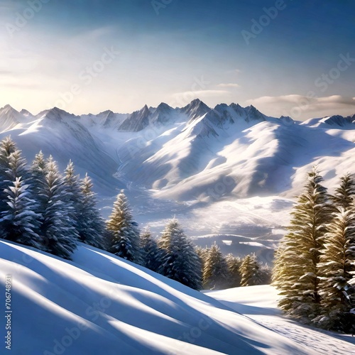 Snow Forest Mountain Tree Landscape Winter mountain. A serene winter landscape with a snow covered forest and mountain range, gleaming peaks, snow laden slopes