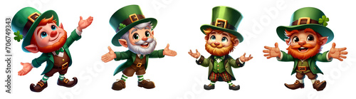 A set of happy Leprechauns for St. Patrick's Day, arms open wide, isolated on a transparent background