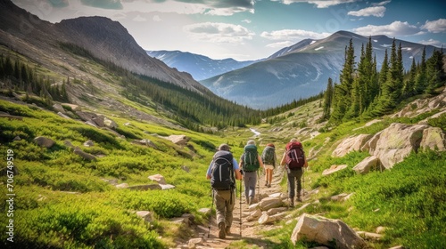Group of hikers heading up the Arapaho Pass Trail in Boulder County, Colorado's Indian Peaks Wilderness. photo