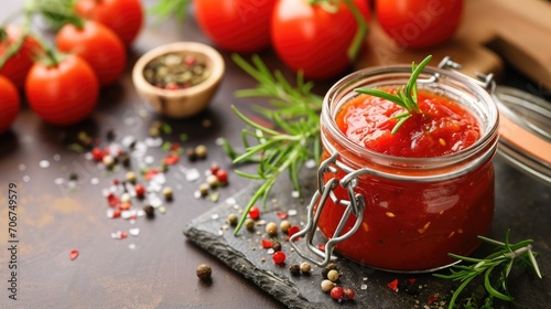 Homemade tomato sauce in a glass jar, tomatoes and herbs on its side