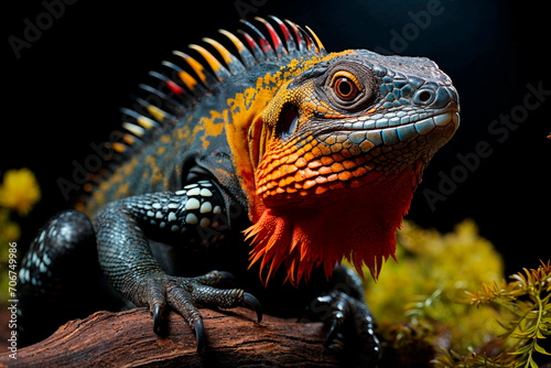 Generative AI illustration of detailed close-up of an iguana with a vibrant orange throat and yellow and blue scales perched on a log photo