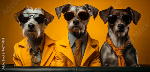 Generative AI illustration of three fashionable dogs in sunglasses and yellow jackets posing with serious demeanor against a yellow background photo