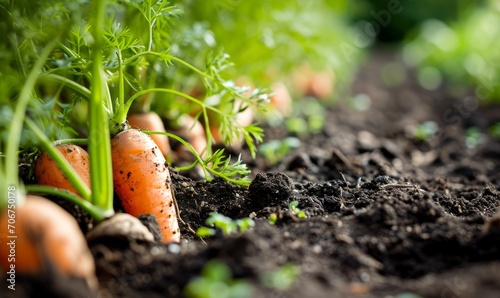 Fresh carrots with green leaves sprouting from the soil in a farm field. photo