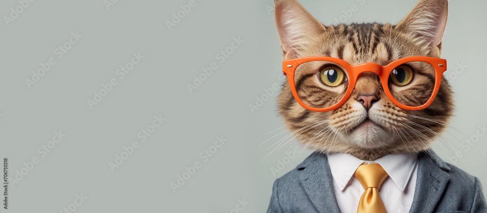 Cute cartoon cat with glasses and suit style